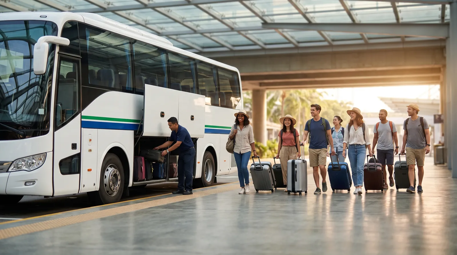 Driver loading luggage for a group airport transfer at the coach bay in Singapore