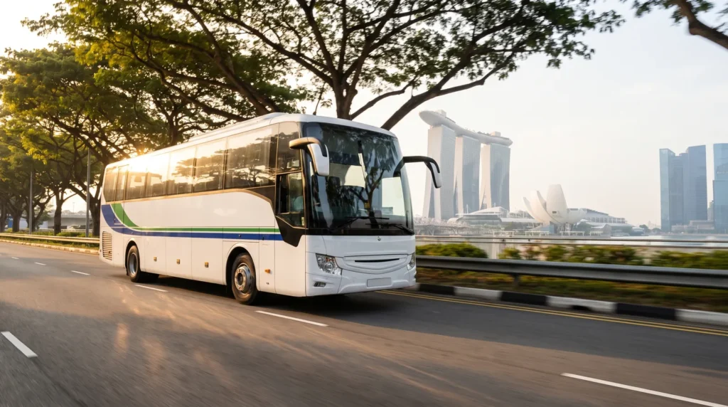 Charter coach on a Singapore expressway with the Marina Bay skyline behind