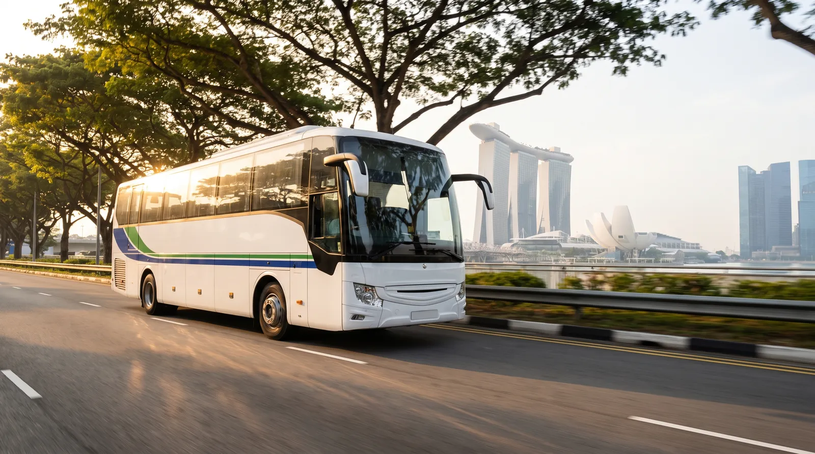 Charter coach on a Singapore expressway with the Marina Bay skyline behind