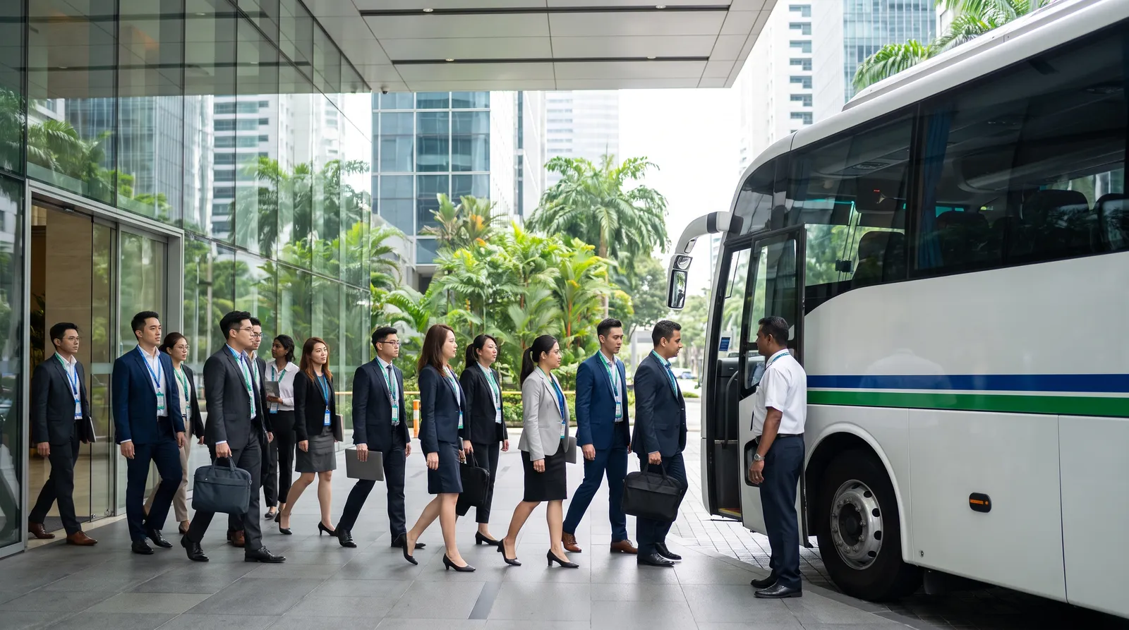 Corporate team boarding a charter coach in the Singapore CBD