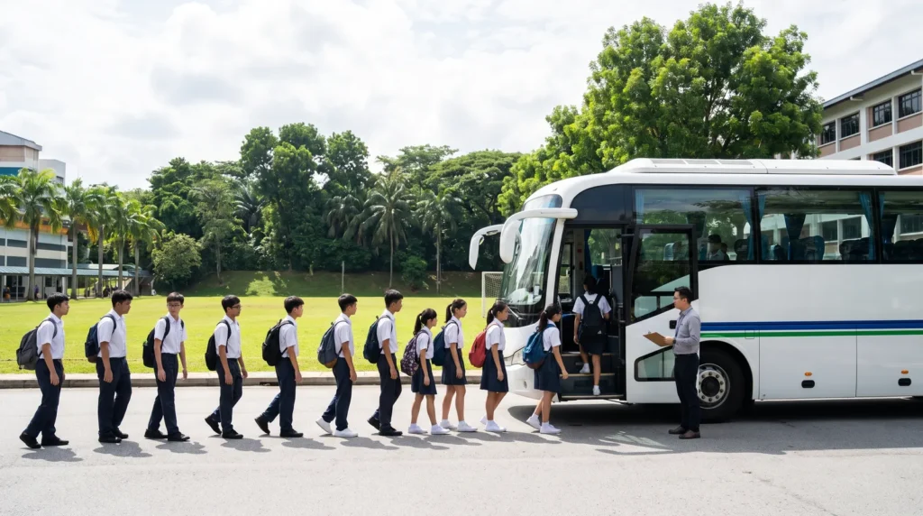 Students boarding a charter bus for a school trip in Singapore