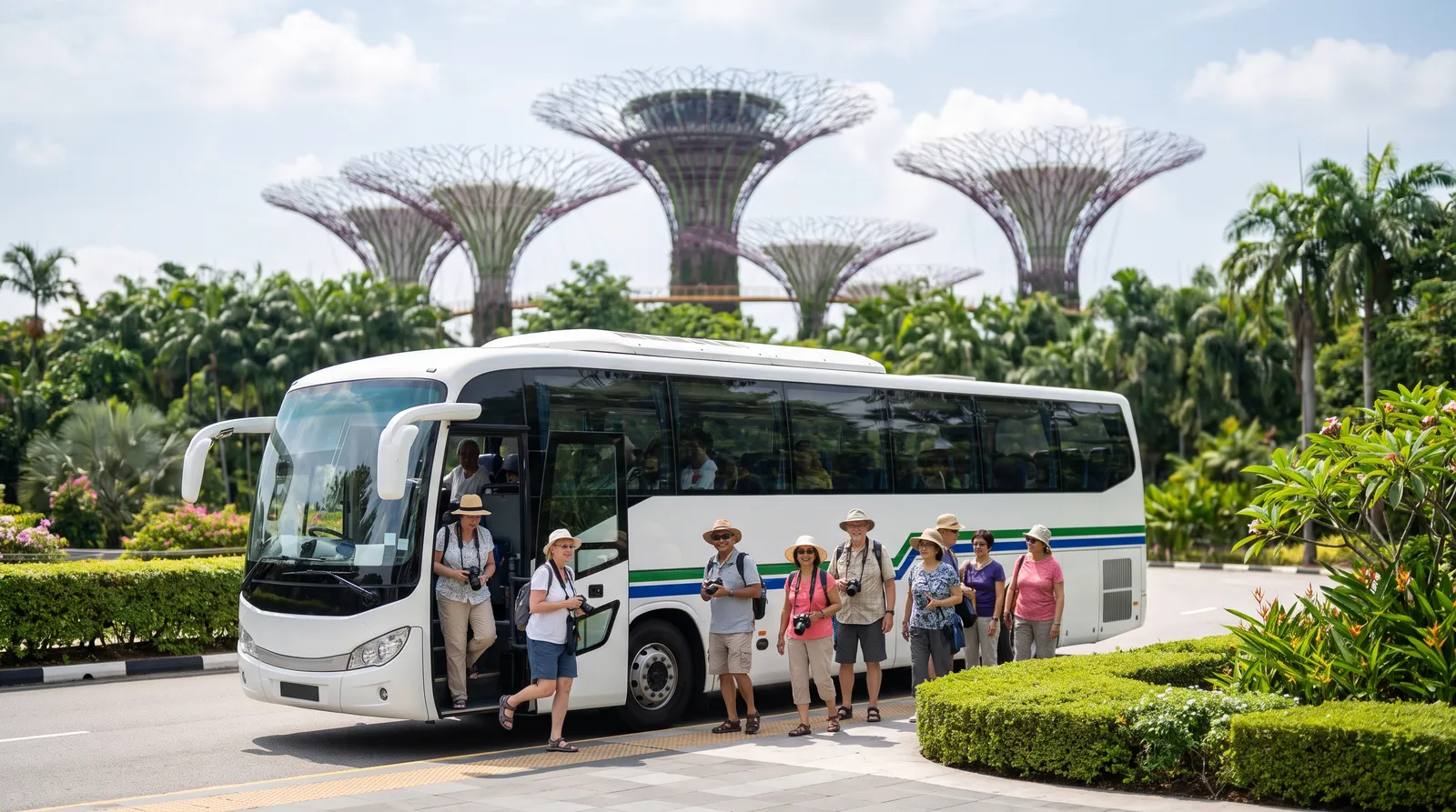 Tour group stepping off a charter coach near Gardens by the Bay, Singapore