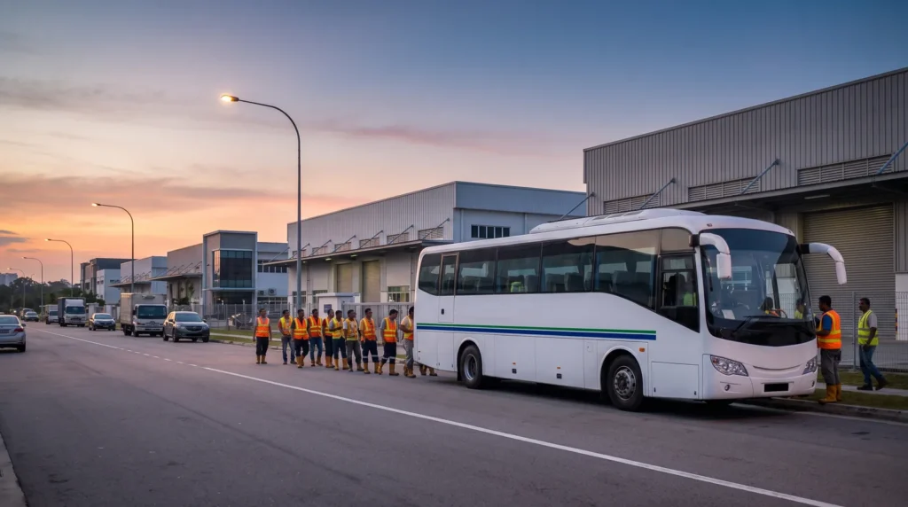 Shift workers boarding a staff transport bus at a Singapore industrial estate